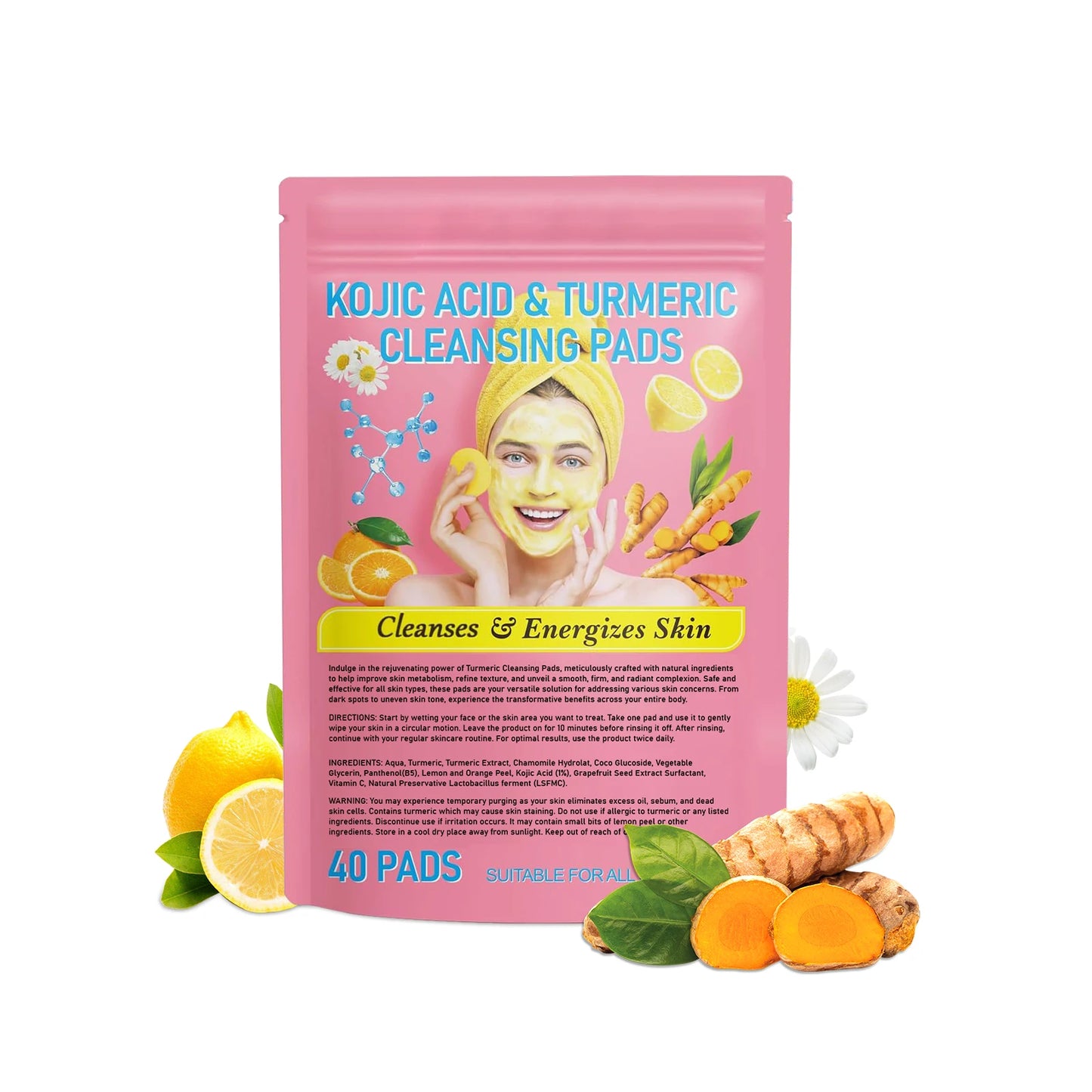 Kojic Acid & Turmeric Facial Cleansing Pads - 40 Count, Brightening Exfoliating Glow for All Skin Types, Dark Spot Treatment