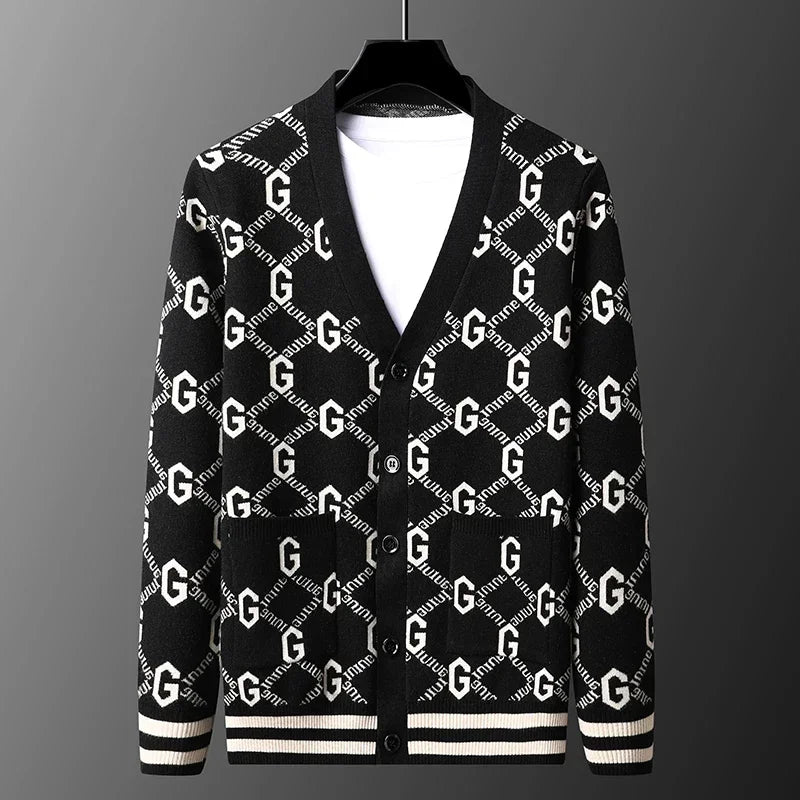 Luxury Quality Men's Knit Cardigan V-neck G Letter Jacquard Pocket Sweatercoat Japan Fashion Casual Exquisite Winter Men's Wear