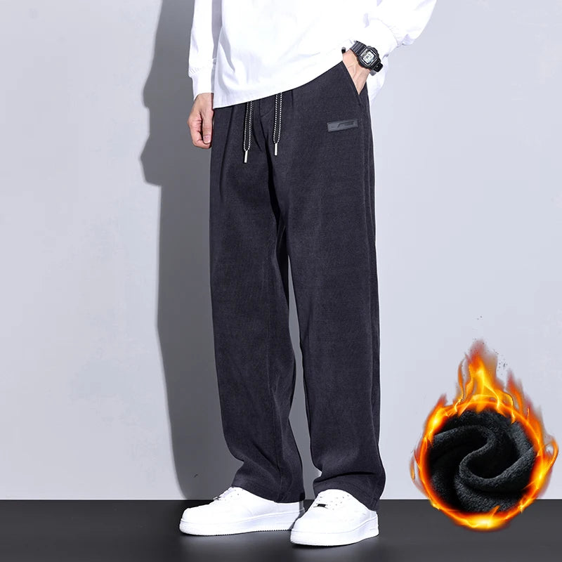 Winter Fleece Warm Stretch Corduroy Pants Men Thick Elastic Waist Korean Trousers Baggy Straight Jogger Outdoors Sweatpants Male