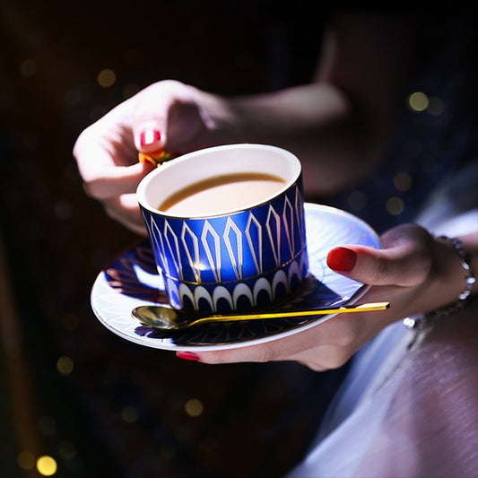 Gilded Ceramic Coffee Cup With Gold Trim European British Style Tea Cup With Saucer And Spoon