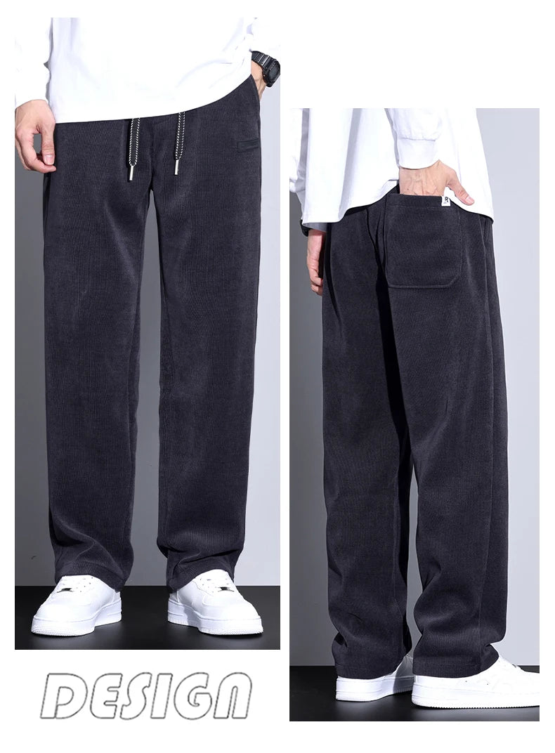 Winter Fleece Warm Stretch Corduroy Pants Men Thick Elastic Waist Korean Trousers Baggy Straight Jogger Outdoors Sweatpants Male