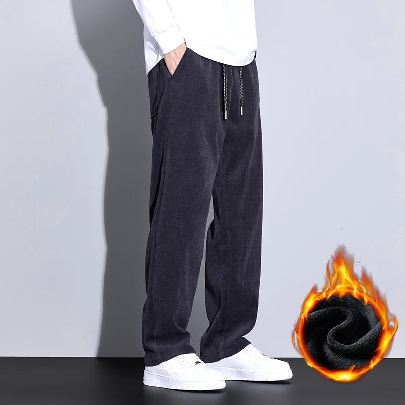 Winter Fleece Warm Stretch Corduroy Pants Men Thick Elastic Waist Korean Trousers Baggy Straight Jogger Outdoors Sweatpants Male