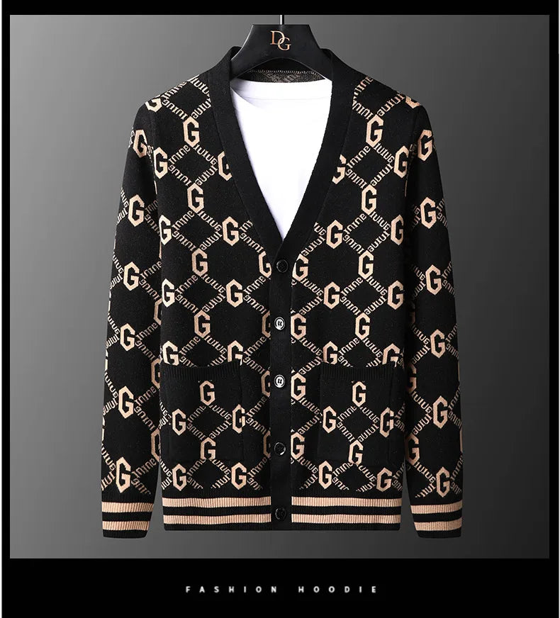 Luxury Quality Men's Knit Cardigan V-neck G Letter Jacquard Pocket Sweatercoat Japan Fashion Casual Exquisite Winter Men's Wear