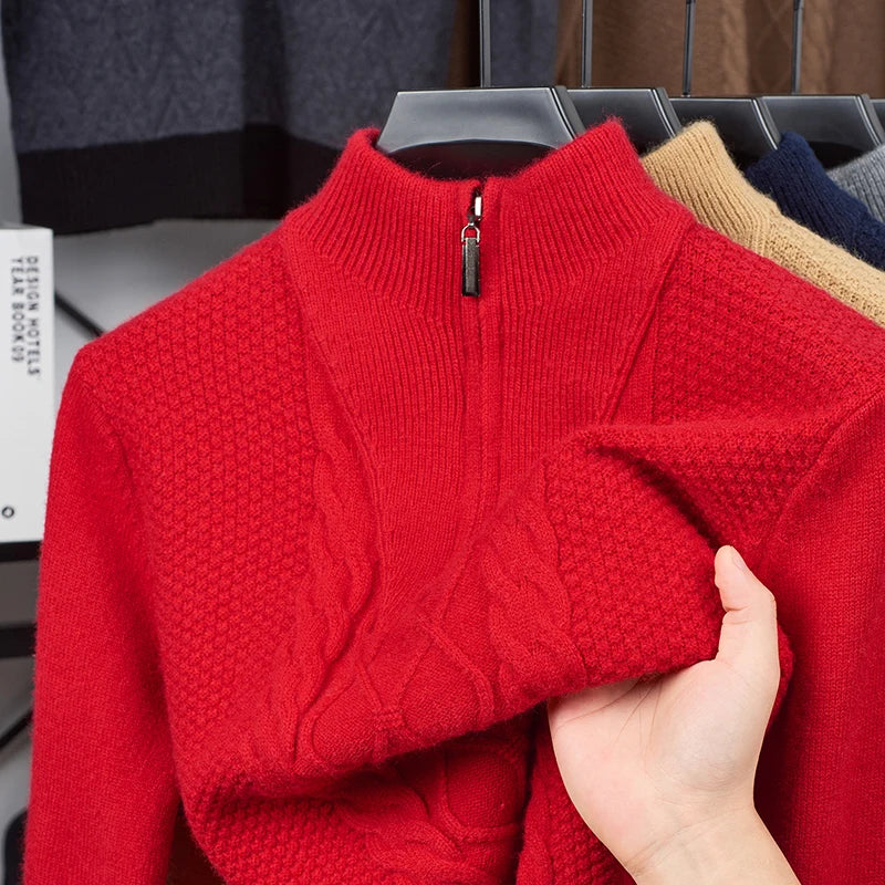 Men's Wool Sweater Half-Zip High-Neck Pullover Thickened Winter Dadwear Innerwear Base Layer