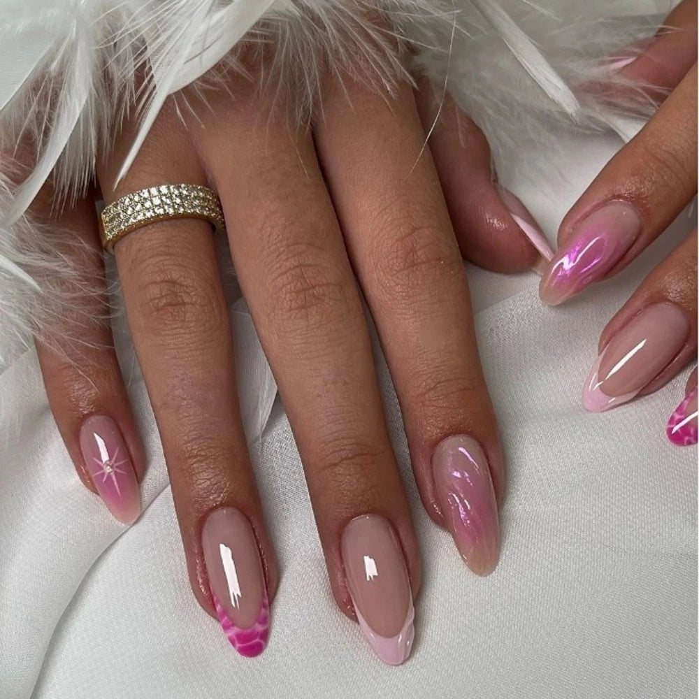 10 Pcs Handmade Press On Nails 2024 New French Limited Leopard Print Medium Almond False Nails Design Art DIY Nails with Set