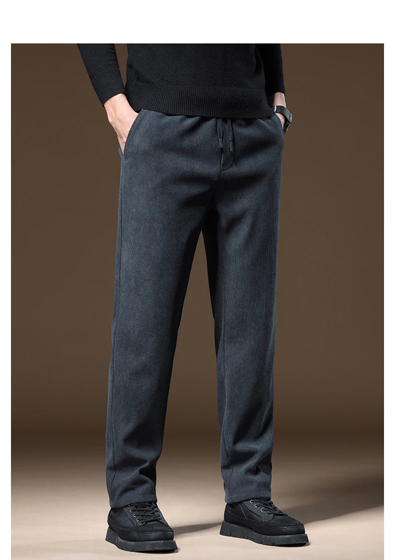 OUSSYU Brand Clothing Autumn Winter Corduroy Casual Pants Men Pocket Zipper Elastic Waist Thick Outdoors Jogging Trousers Male