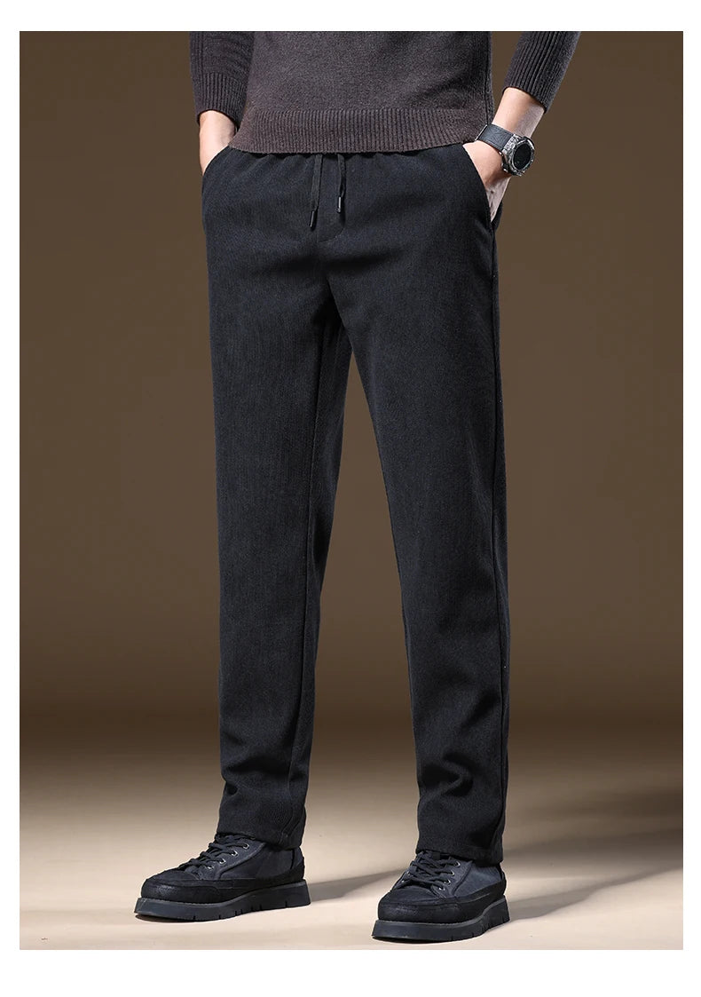 OUSSYU Brand Clothing Autumn Winter Corduroy Casual Pants Men Pocket Zipper Elastic Waist Thick Outdoors Jogging Trousers Male