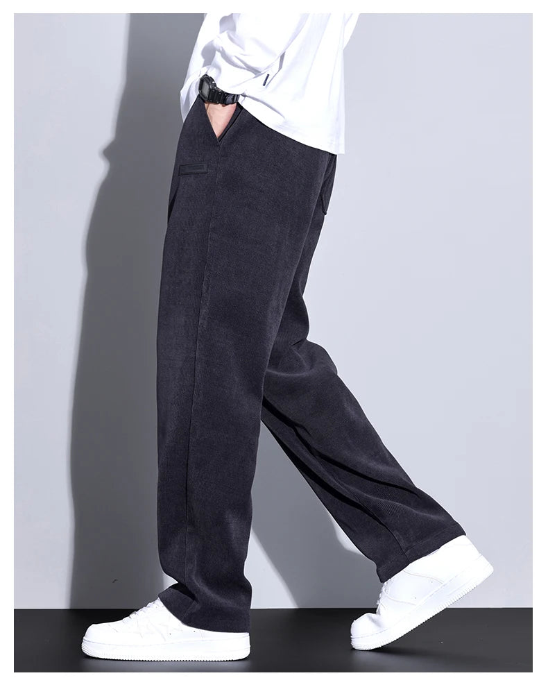 Winter Fleece Warm Stretch Corduroy Pants Men Thick Elastic Waist Korean Trousers Baggy Straight Jogger Outdoors Sweatpants Male