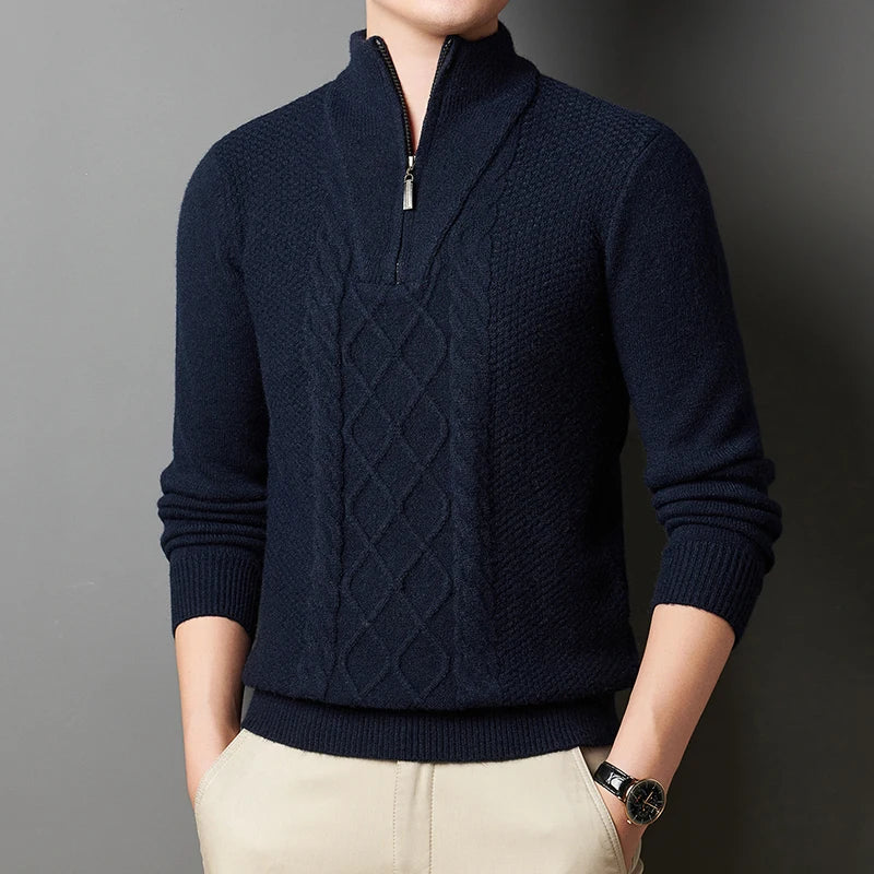 Men's Wool Sweater Half-Zip High-Neck Pullover Thickened Winter Dadwear Innerwear Base Layer