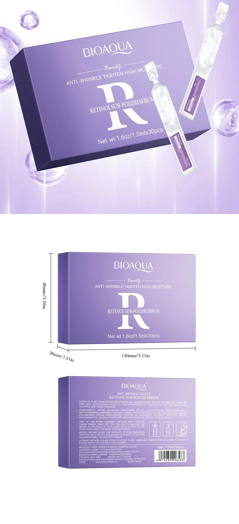 30pcs/box BIOAQUA Retinol Vitamin C Hyaluronic Acid Serum for Face Moisturizing Firming Hydrating Facial Essence Face Skin Care