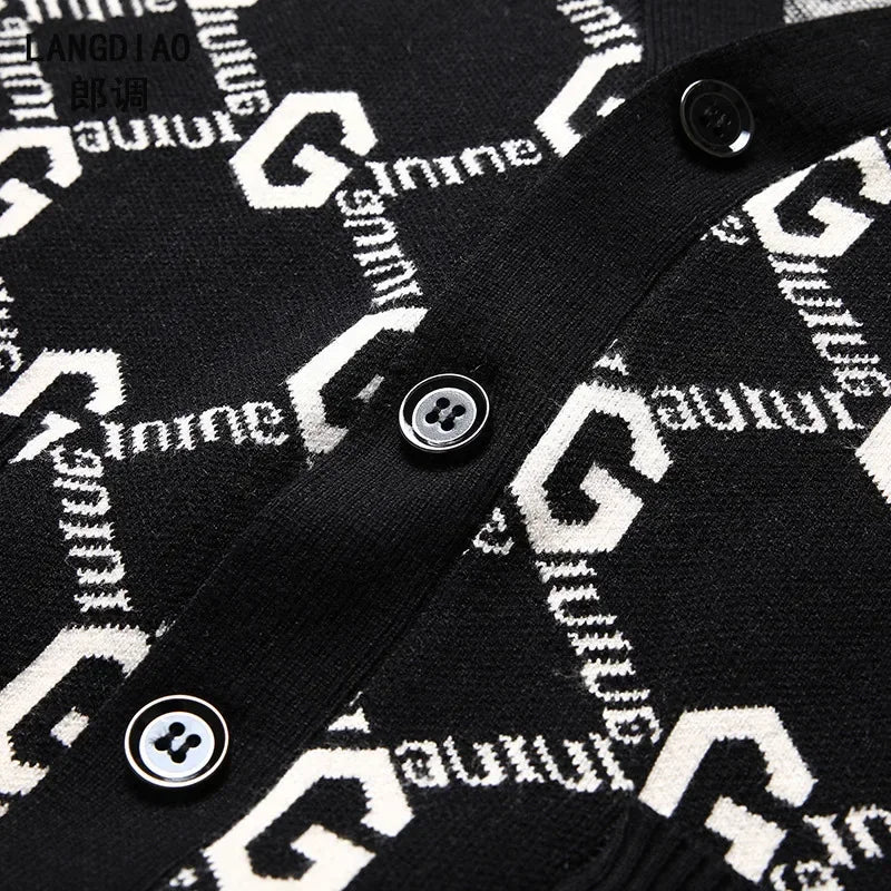 Luxury Quality Men's Knit Cardigan V-neck G Letter Jacquard Pocket Sweatercoat Japan Fashion Casual Exquisite Winter Men's Wear