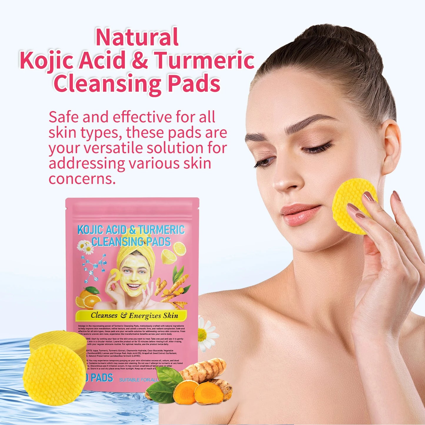 Kojic Acid & Turmeric Facial Cleansing Pads - 40 Count, Brightening Exfoliating Glow for All Skin Types, Dark Spot Treatment