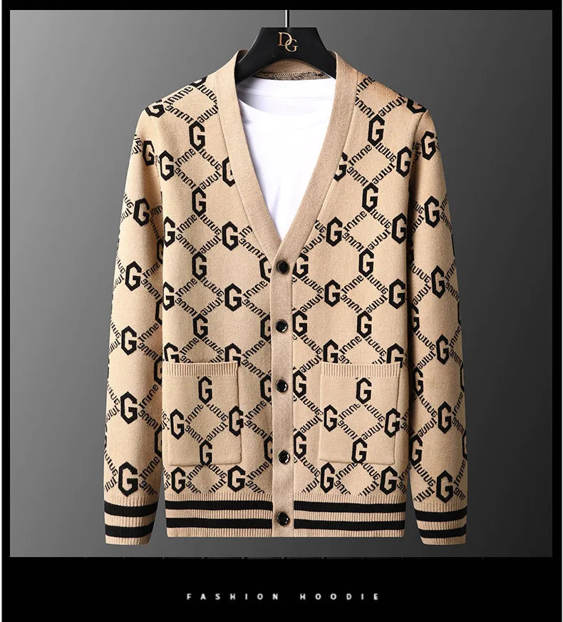 Luxury Quality Men's Knit Cardigan V-neck G Letter Jacquard Pocket Sweatercoat Japan Fashion Casual Exquisite Winter Men's Wear