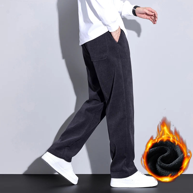 Winter Fleece Warm Stretch Corduroy Pants Men Thick Elastic Waist Korean Trousers Baggy Straight Jogger Outdoors Sweatpants Male