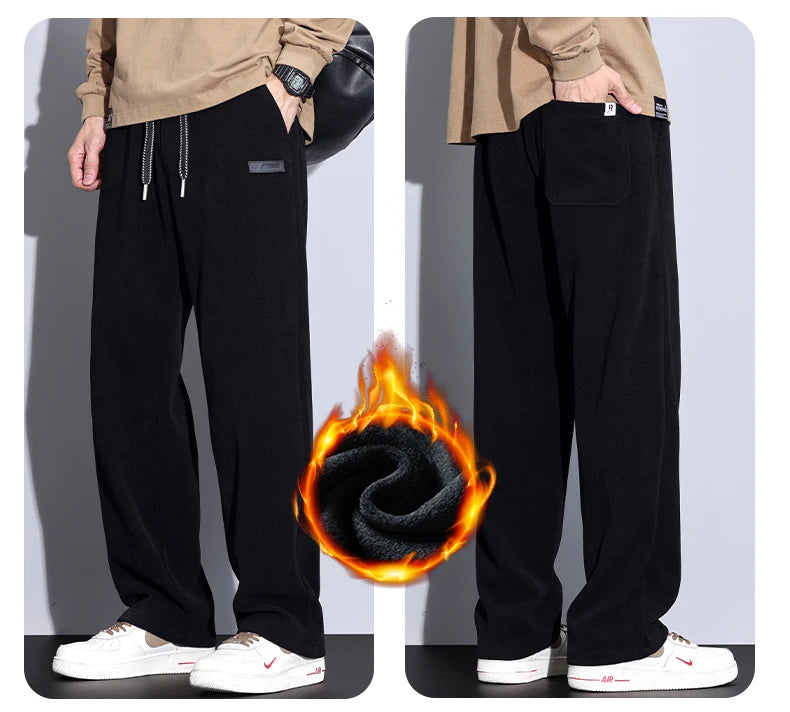 Winter Fleece Warm Stretch Corduroy Pants Men Thick Elastic Waist Korean Trousers Baggy Straight Jogger Outdoors Sweatpants Male