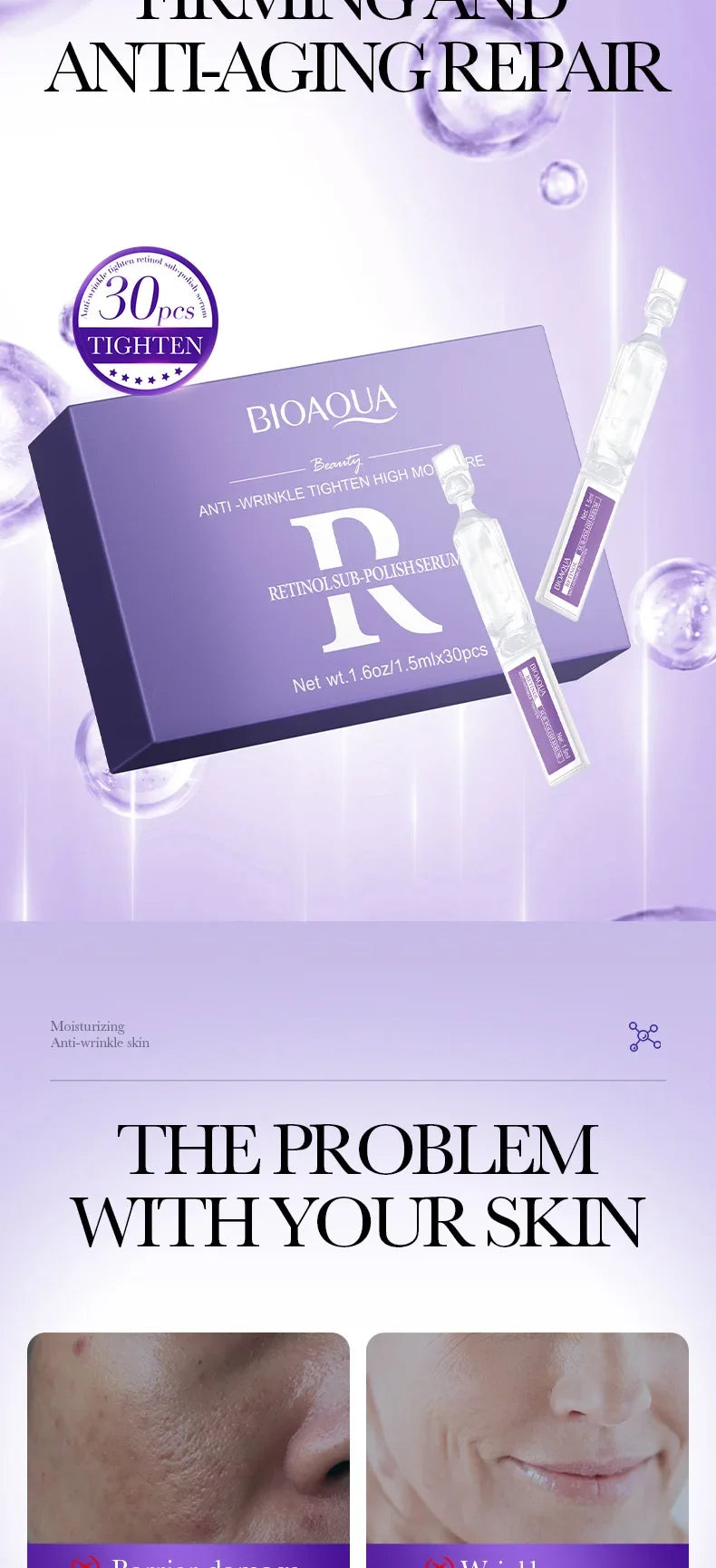 30pcs/box BIOAQUA Retinol Vitamin C Hyaluronic Acid Serum for Face Moisturizing Firming Hydrating Facial Essence Face Skin Care