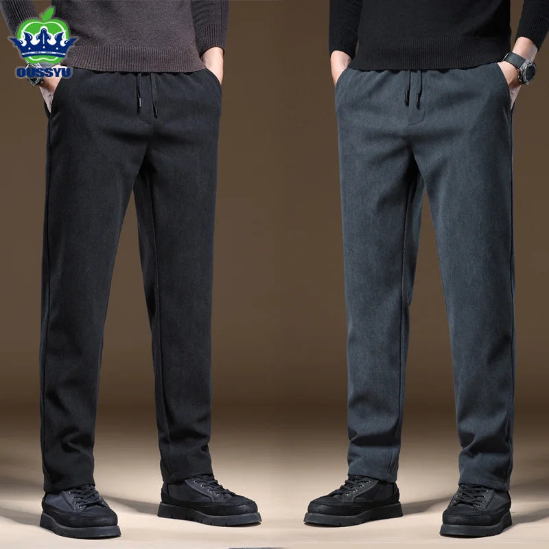OUSSYU Brand Clothing Autumn Winter Corduroy Casual Pants Men Pocket Zipper Elastic Waist Thick Outdoors Jogging Trousers Male