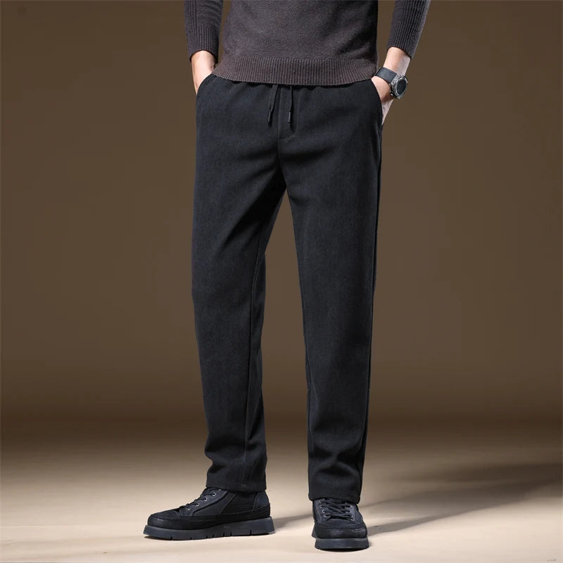 OUSSYU Brand Clothing Autumn Winter Corduroy Casual Pants Men Pocket Zipper Elastic Waist Thick Outdoors Jogging Trousers Male