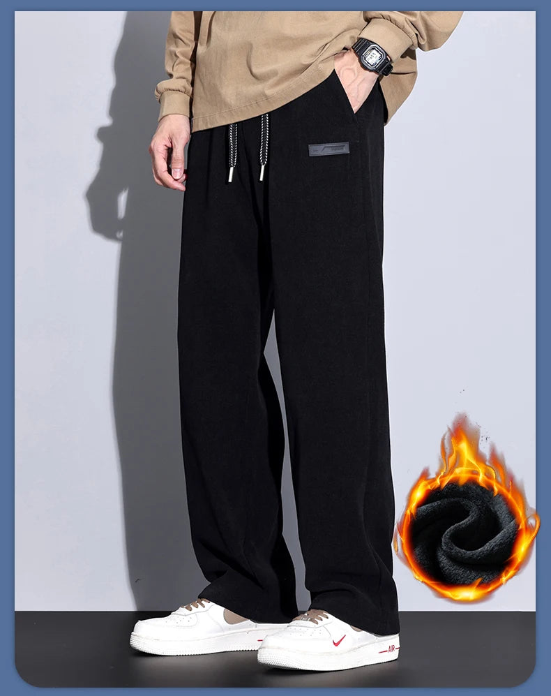 Winter Fleece Warm Stretch Corduroy Pants Men Thick Elastic Waist Korean Trousers Baggy Straight Jogger Outdoors Sweatpants Male