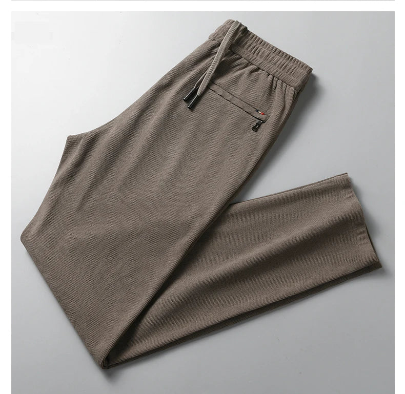 OUSSYU Brand Clothing Autumn Winter Corduroy Casual Pants Men Pocket Zipper Elastic Waist Thick Outdoors Jogging Trousers Male