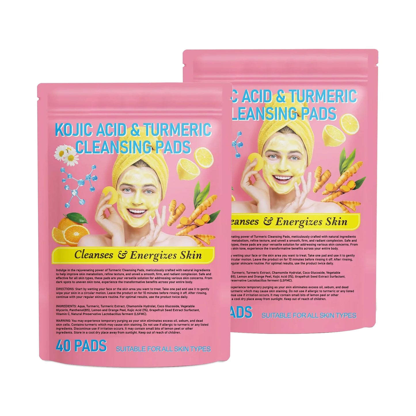 Kojic Acid & Turmeric Facial Cleansing Pads - 40 Count, Brightening Exfoliating Glow for All Skin Types, Dark Spot Treatment