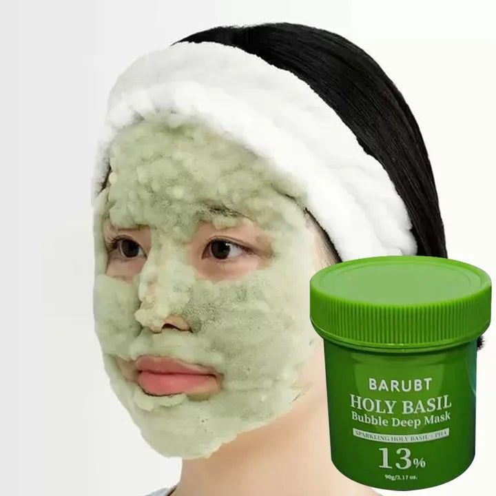 BARUBT Holy Basil Bubble Cleansing Clay Mask - Gently exfoliates, deeply cleans pores. Rich in holy basil leaf extract, PHA, cha