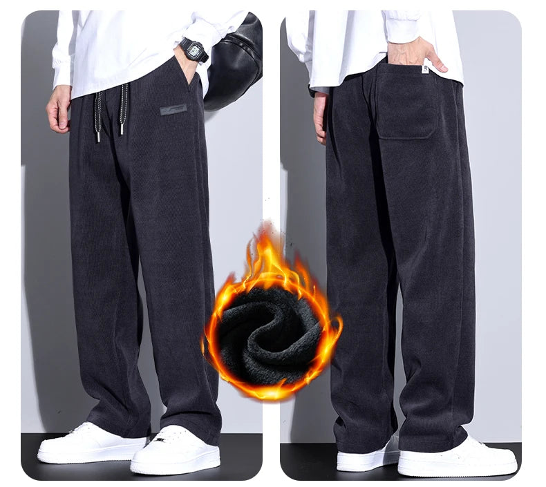 Winter Fleece Warm Stretch Corduroy Pants Men Thick Elastic Waist Korean Trousers Baggy Straight Jogger Outdoors Sweatpants Male