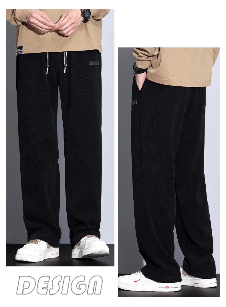 Winter Fleece Warm Stretch Corduroy Pants Men Thick Elastic Waist Korean Trousers Baggy Straight Jogger Outdoors Sweatpants Male