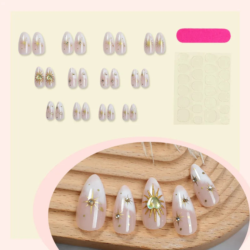 24Pcs Fake Nails Sun Star French Tips Almond Shape with Gradient Design Press-On Nails Perfect for Gifting to Women and Friends