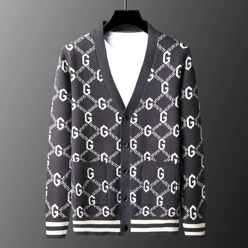 Luxury Quality Men's Knit Cardigan V-neck G Letter Jacquard Pocket Sweatercoat Japan Fashion Casual Exquisite Winter Men's Wear
