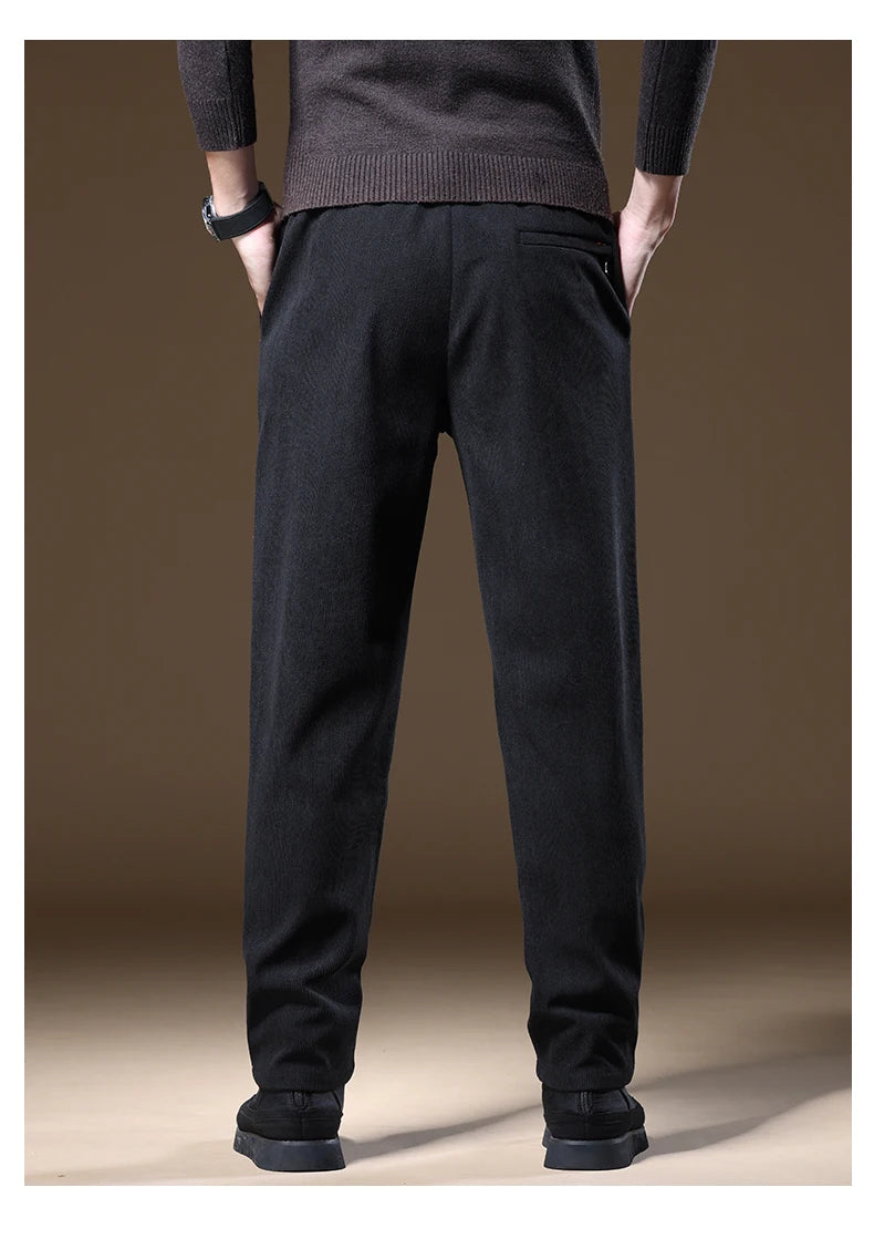 OUSSYU Brand Clothing Autumn Winter Corduroy Casual Pants Men Pocket Zipper Elastic Waist Thick Outdoors Jogging Trousers Male