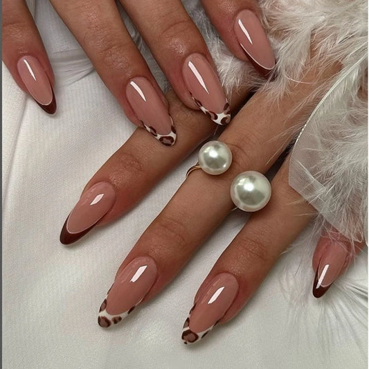 10 Pcs Handmade Press On Nails 2024 New French Limited Leopard Print Medium Almond False Nails Design Art DIY Nails with Set