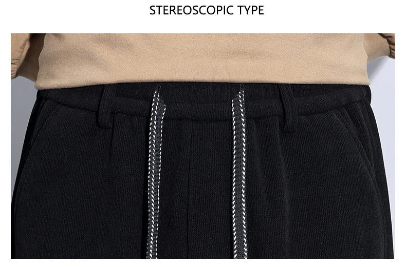 Winter Fleece Warm Stretch Corduroy Pants Men Thick Elastic Waist Korean Trousers Baggy Straight Jogger Outdoors Sweatpants Male