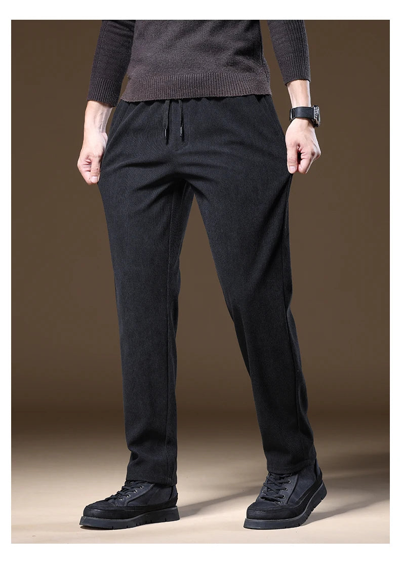 OUSSYU Brand Clothing Autumn Winter Corduroy Casual Pants Men Pocket Zipper Elastic Waist Thick Outdoors Jogging Trousers Male