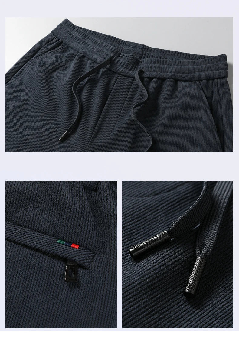 OUSSYU Brand Clothing Autumn Winter Corduroy Casual Pants Men Pocket Zipper Elastic Waist Thick Outdoors Jogging Trousers Male