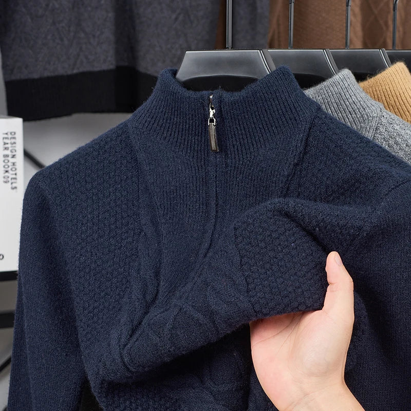 Men's Wool Sweater Half-Zip High-Neck Pullover Thickened Winter Dadwear Innerwear Base Layer