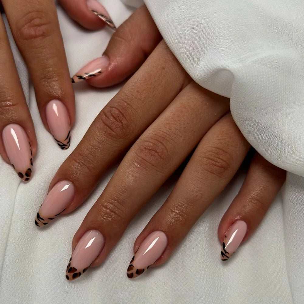 10 Pcs Handmade Press On Nails 2024 New French Limited Leopard Print Medium Almond False Nails Design Art DIY Nails with Set