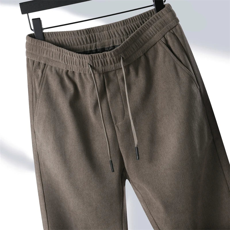 OUSSYU Brand Clothing Autumn Winter Corduroy Casual Pants Men Pocket Zipper Elastic Waist Thick Outdoors Jogging Trousers Male