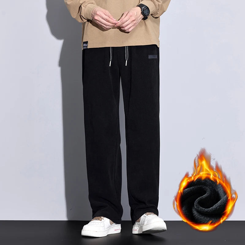 Winter Fleece Warm Stretch Corduroy Pants Men Thick Elastic Waist Korean Trousers Baggy Straight Jogger Outdoors Sweatpants Male