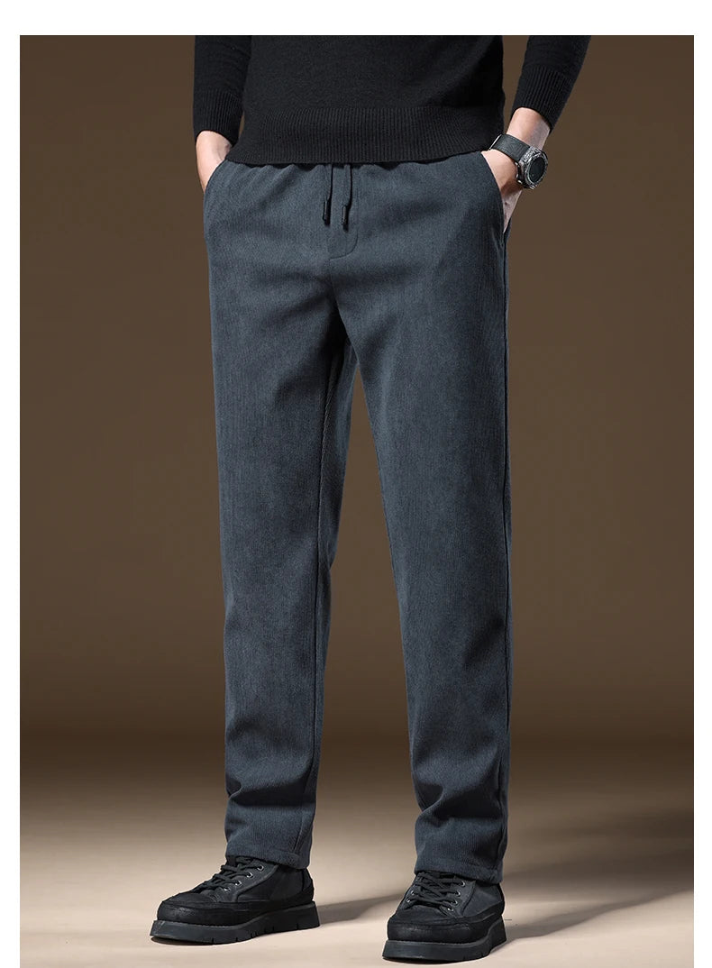 OUSSYU Brand Clothing Autumn Winter Corduroy Casual Pants Men Pocket Zipper Elastic Waist Thick Outdoors Jogging Trousers Male