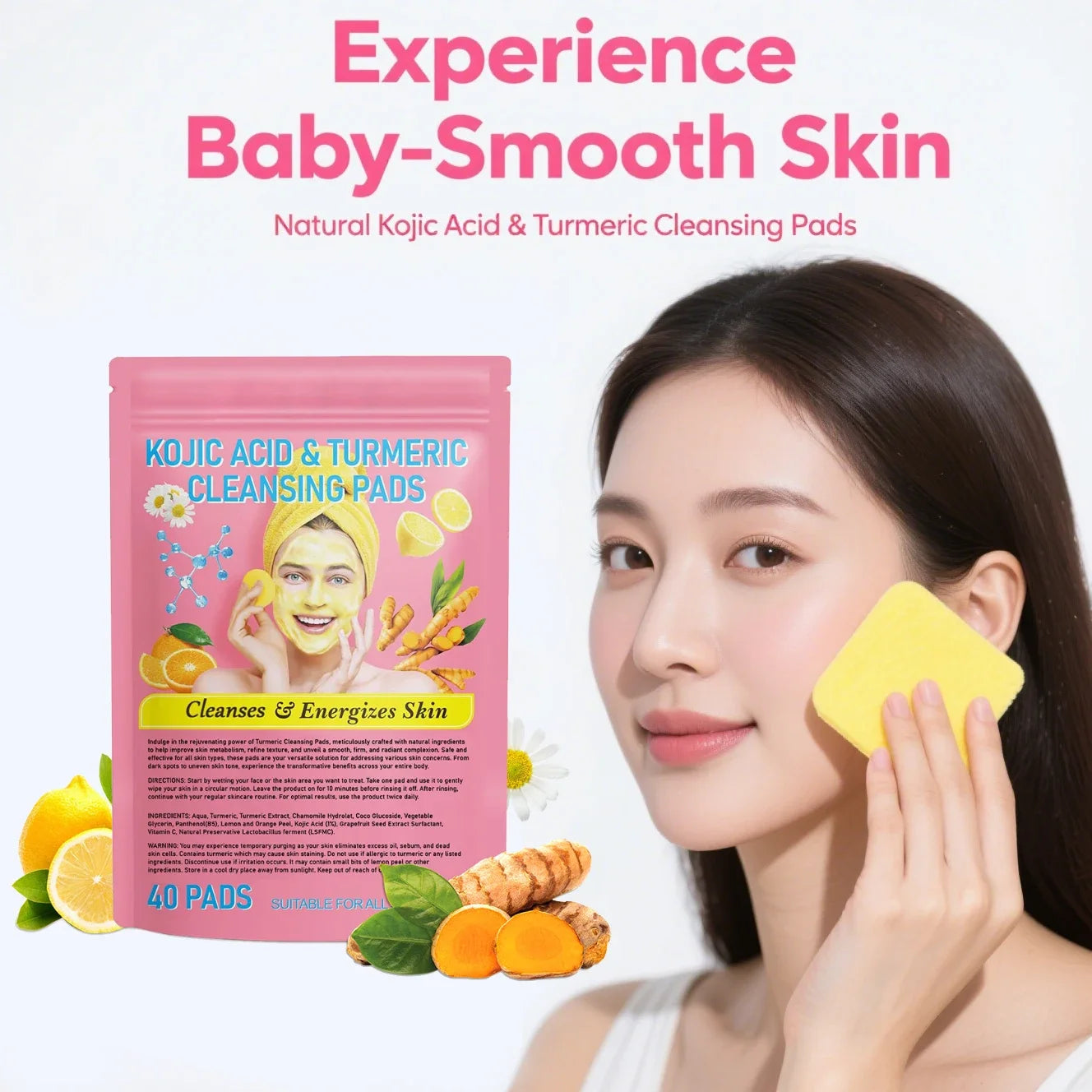 Kojic Acid & Turmeric Facial Cleansing Pads - 40 Count, Brightening Exfoliating Glow for All Skin Types, Dark Spot Treatment