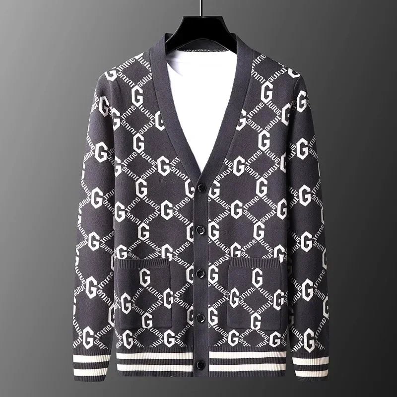 Luxury Quality Men's Knit Cardigan V-neck G Letter Jacquard Pocket Sweatercoat Japan Fashion Casual Exquisite Winter Men's Wear