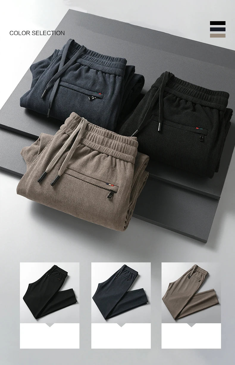 OUSSYU Brand Clothing Autumn Winter Corduroy Casual Pants Men Pocket Zipper Elastic Waist Thick Outdoors Jogging Trousers Male