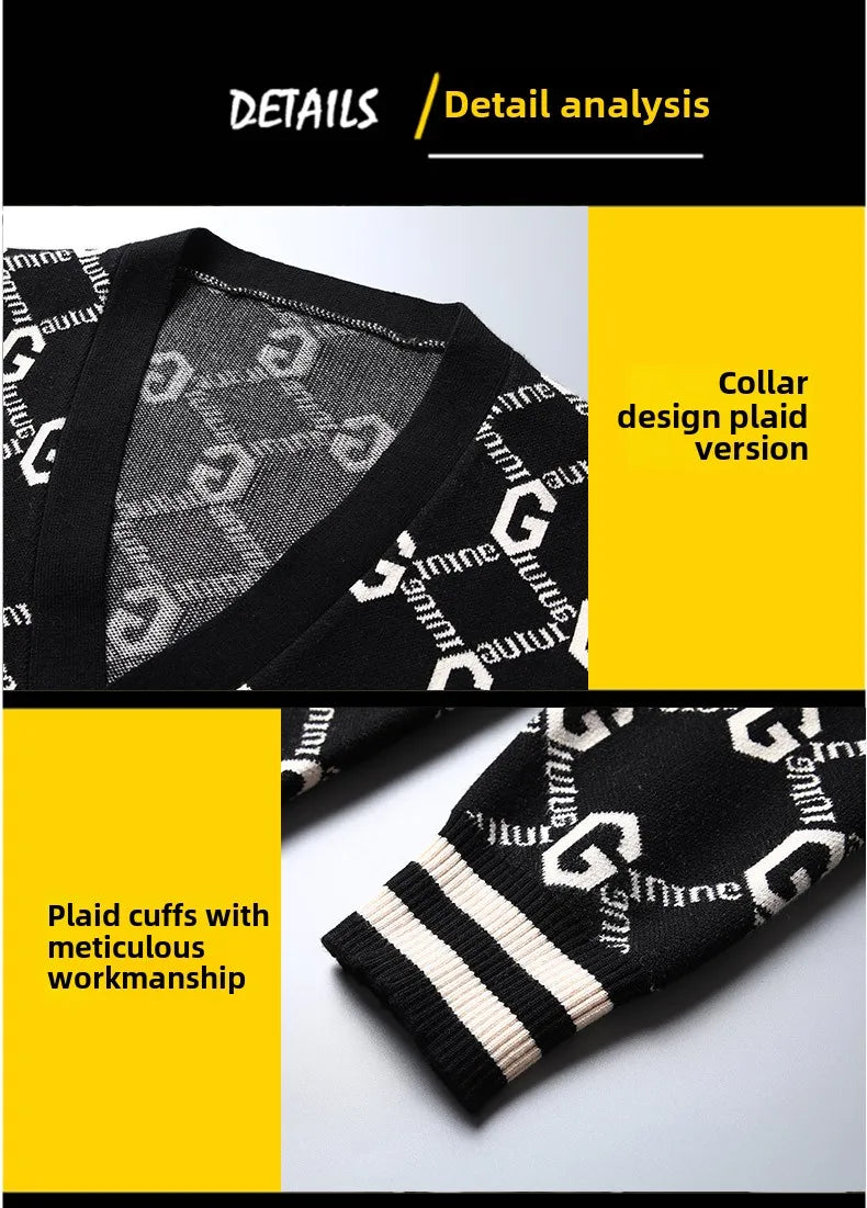 Luxury Quality Men's Knit Cardigan V-neck G Letter Jacquard Pocket Sweatercoat Japan Fashion Casual Exquisite Winter Men's Wear