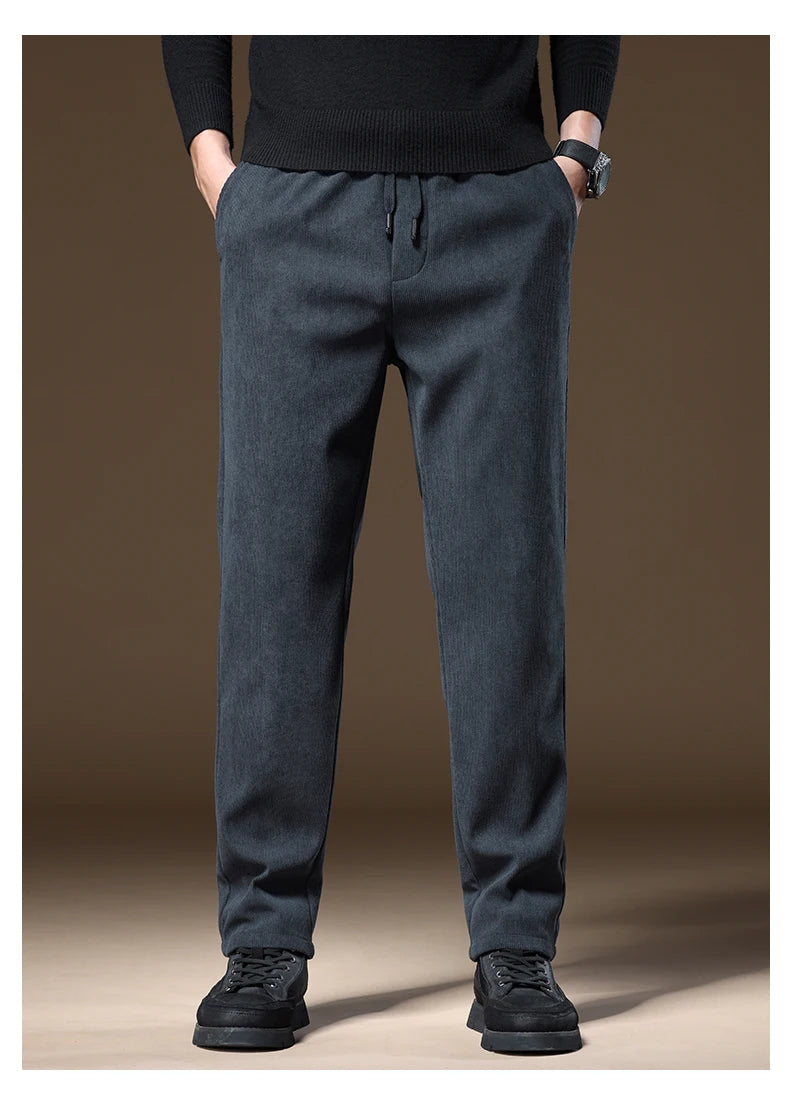 OUSSYU Brand Clothing Autumn Winter Corduroy Casual Pants Men Pocket Zipper Elastic Waist Thick Outdoors Jogging Trousers Male