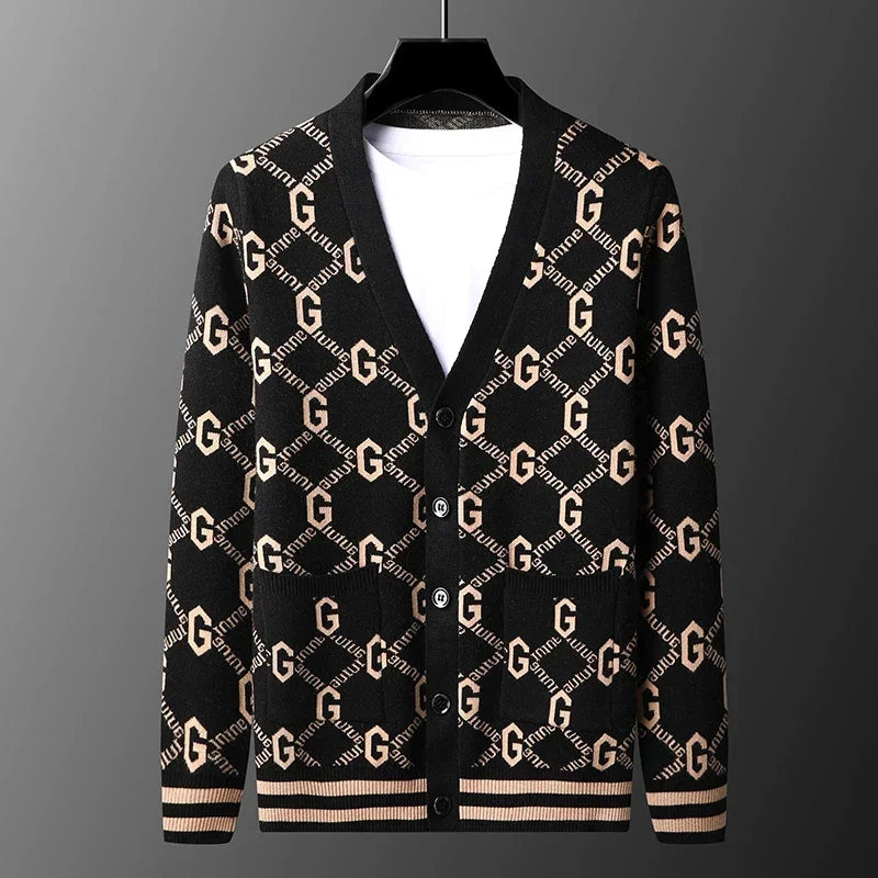 Luxury Quality Men's Knit Cardigan V-neck G Letter Jacquard Pocket Sweatercoat Japan Fashion Casual Exquisite Winter Men's Wear