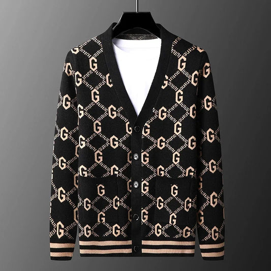 Luxury Quality Men's Knit Cardigan V-neck G Letter Jacquard Pocket Sweatercoat Japan Fashion Casual Exquisite Winter Men's Wear