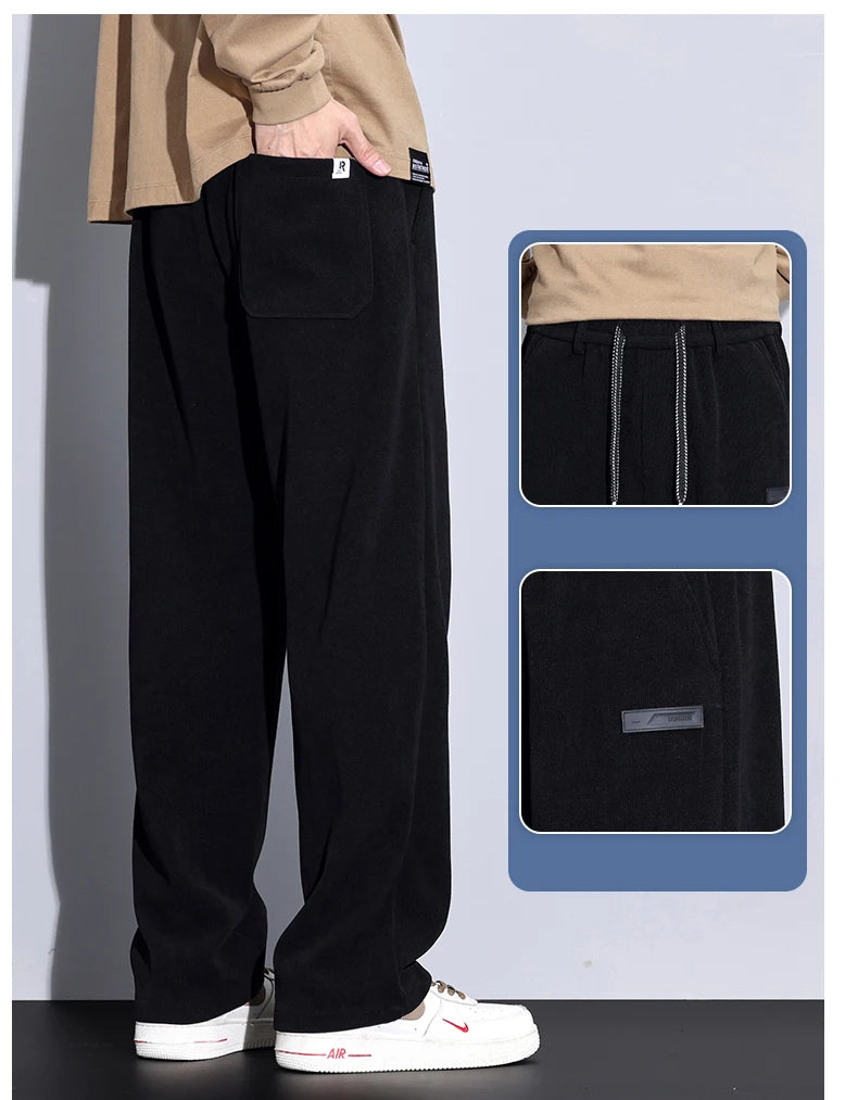 Winter Fleece Warm Stretch Corduroy Pants Men Thick Elastic Waist Korean Trousers Baggy Straight Jogger Outdoors Sweatpants Male