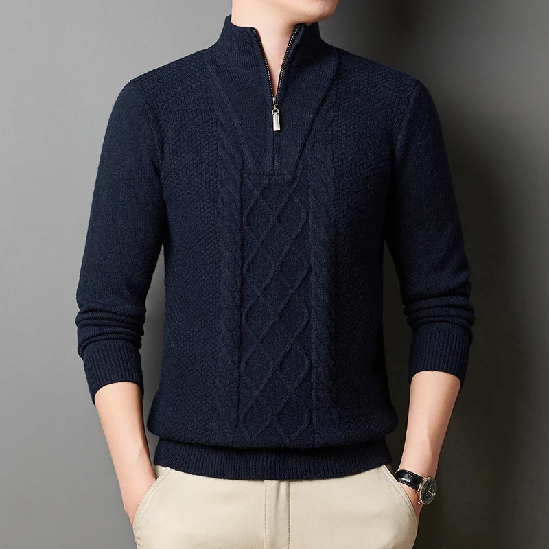 Men's Wool Sweater Half-Zip High-Neck Pullover Thickened Winter Dadwear Innerwear Base Layer