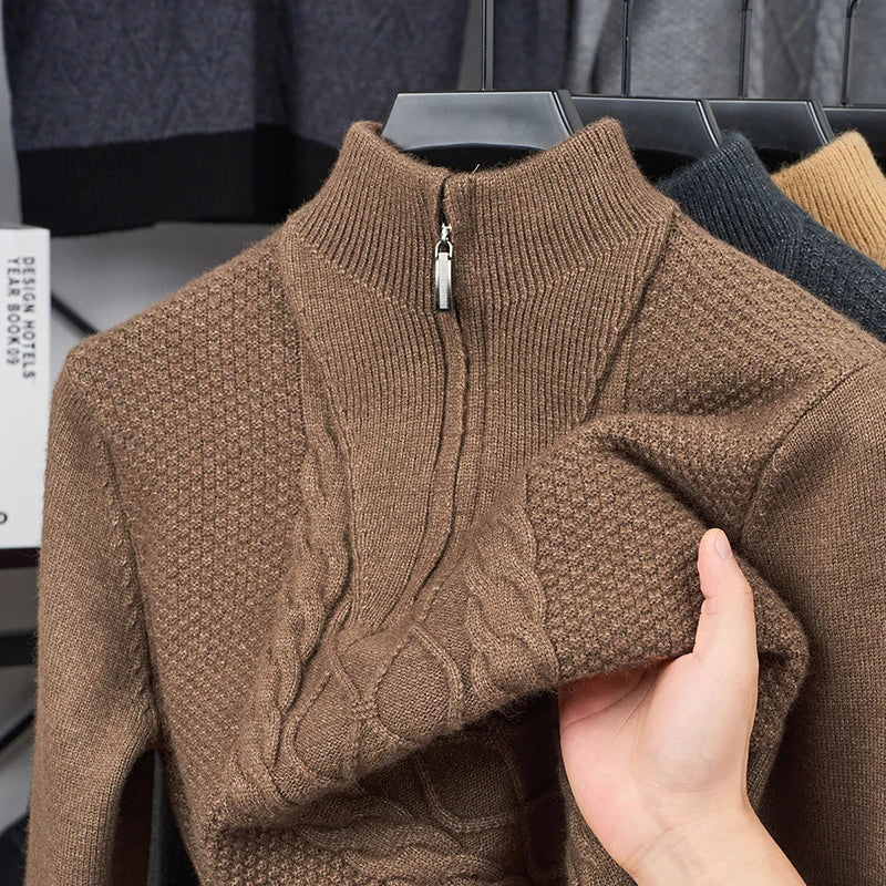 Men's Wool Sweater Half-Zip High-Neck Pullover Thickened Winter Dadwear Innerwear Base Layer